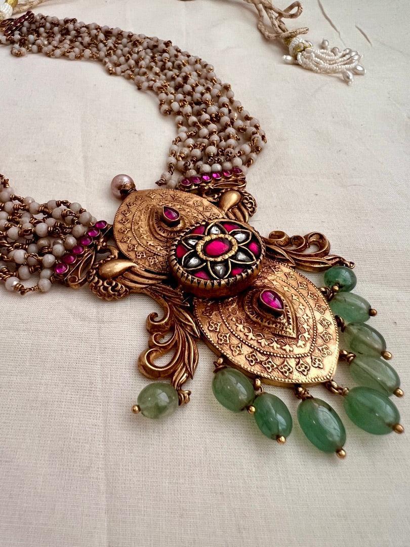 Gold polish kundan & ruby statement pendant with beads chain-Silver Neckpiece-CI-House of Taamara
