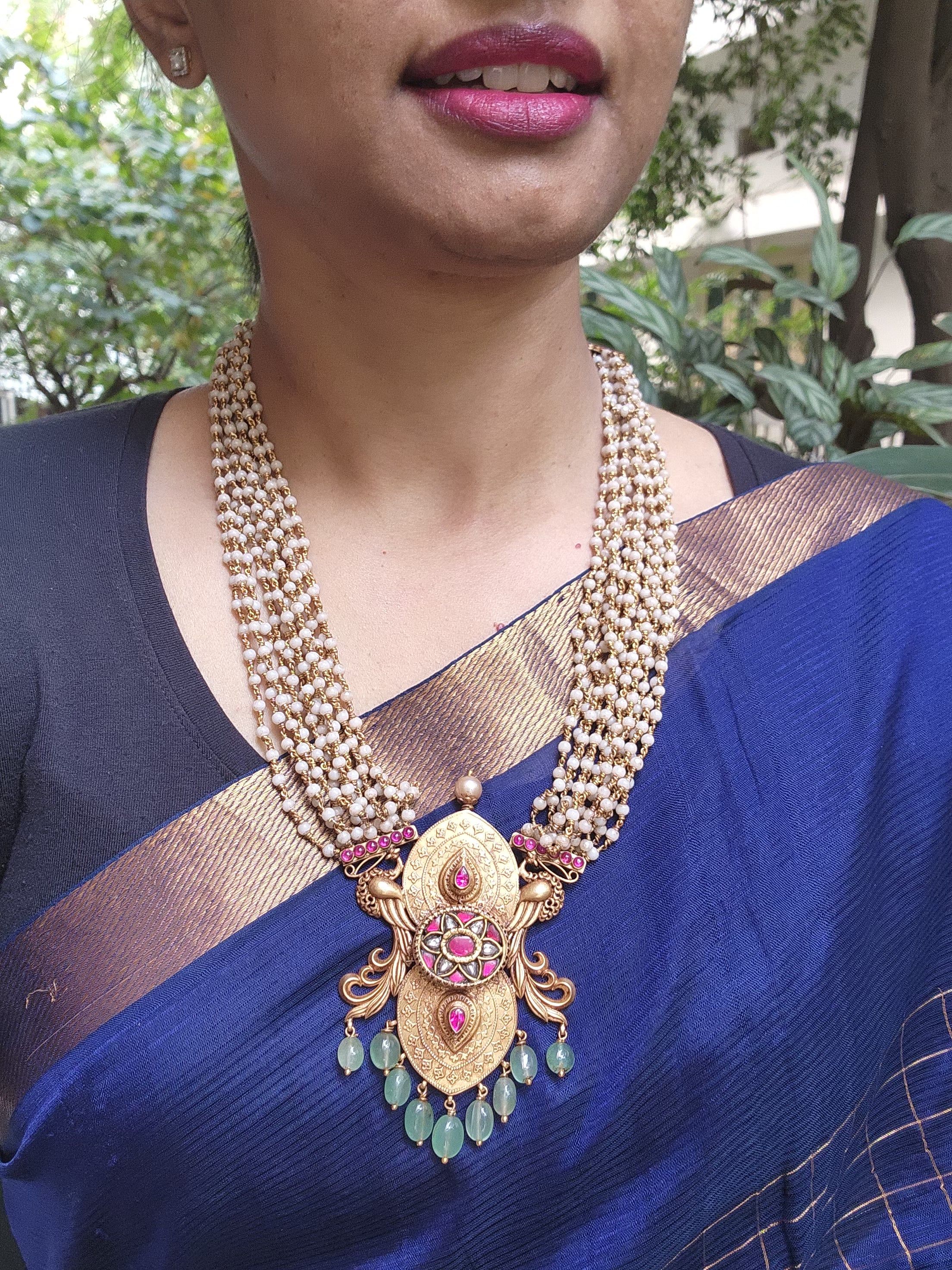 Gold polish kundan & ruby statement pendant with beads chain-Silver Neckpiece-CI-House of Taamara