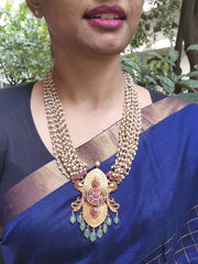 Gold polish kundan & ruby statement pendant with beads chain-Silver Neckpiece-CI-House of Taamara