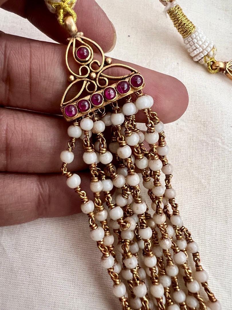 Gold polish kundan & ruby statement pendant with beads chain-Silver Neckpiece-CI-House of Taamara