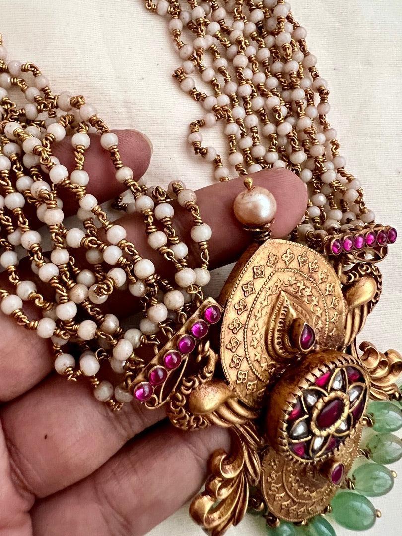Gold polish kundan & ruby statement pendant with beads chain-Silver Neckpiece-CI-House of Taamara