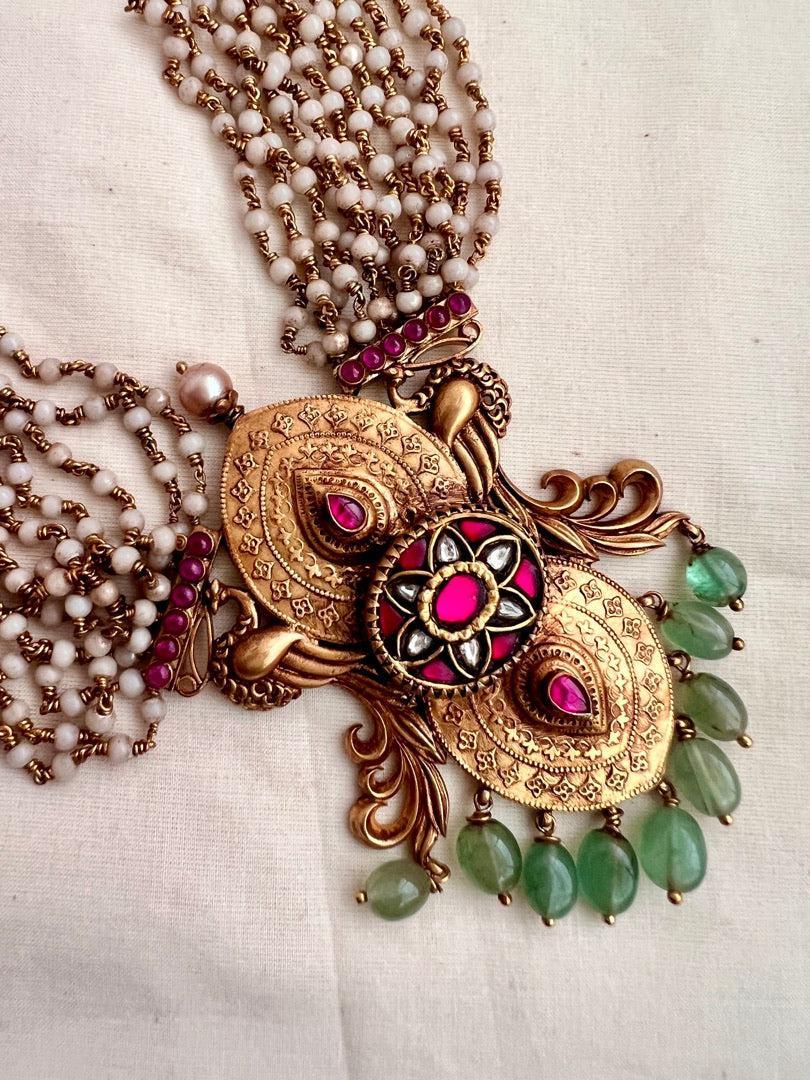 Gold polish kundan & ruby statement pendant with beads chain-Silver Neckpiece-CI-House of Taamara