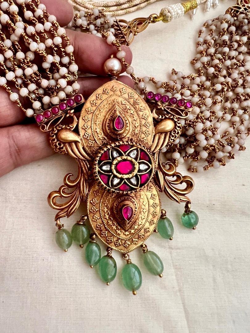 Gold polish kundan & ruby statement pendant with beads chain-Silver Neckpiece-CI-House of Taamara