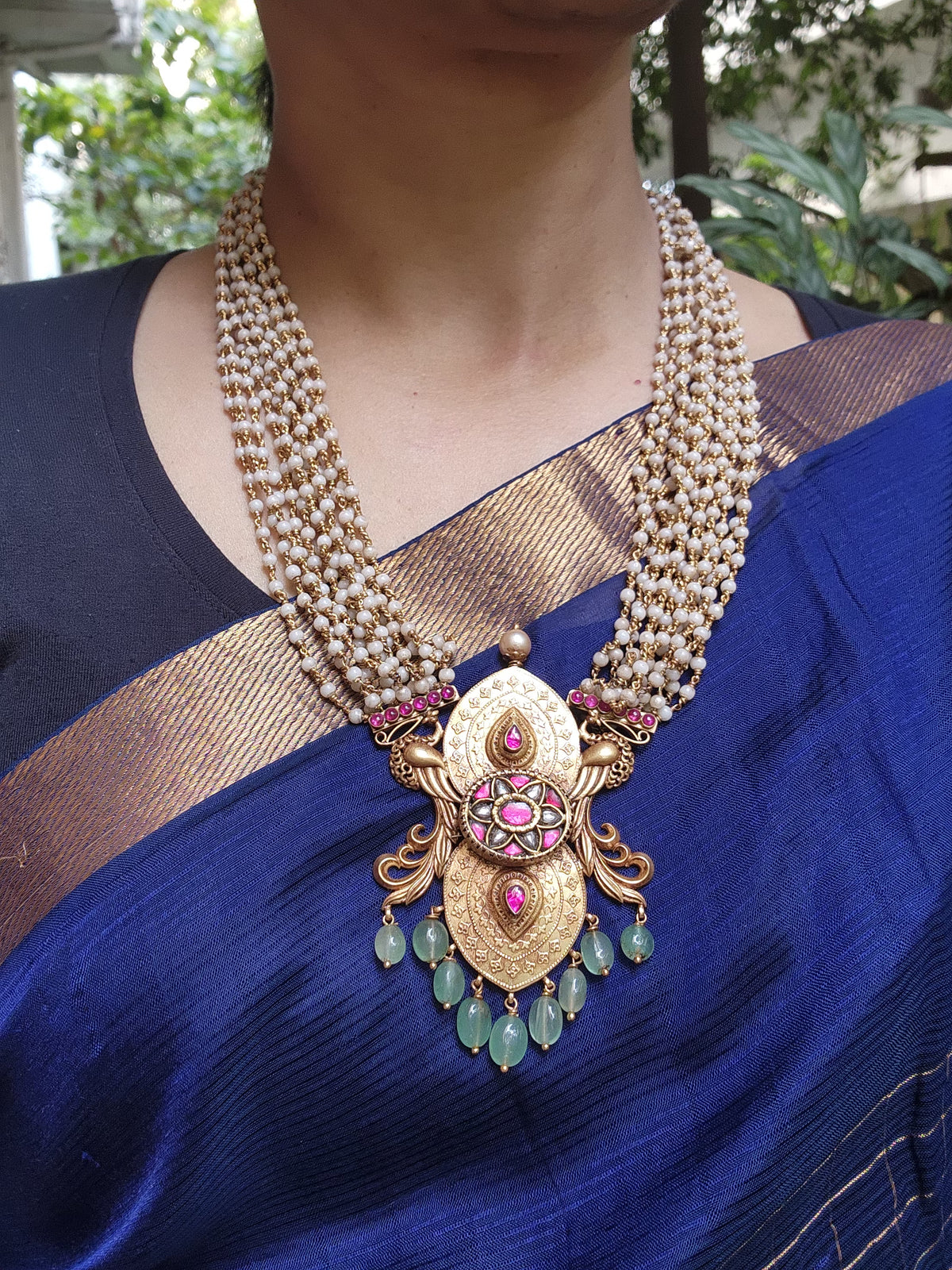 Gold polish kundan & ruby statement pendant with beads chain-Silver Neckpiece-CI-House of Taamara