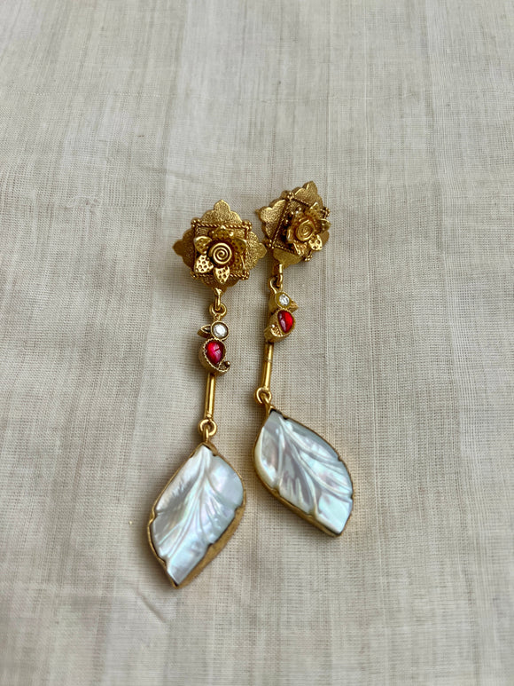 Gold polish kundan & ruby stone with mother of pearl hangings-Earrings-CI-House of Taamara