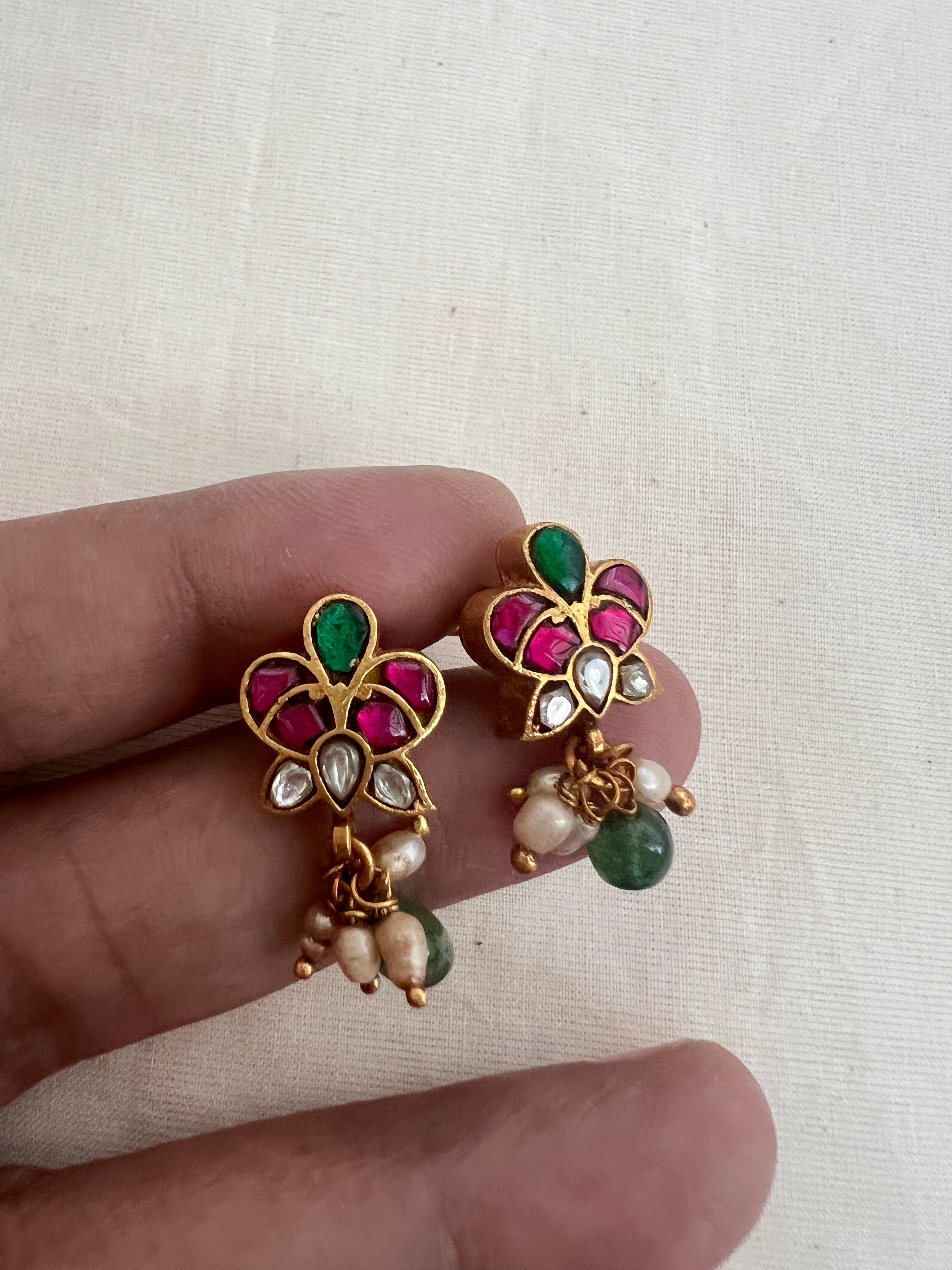 Gold polish kundan & ruby studs with pearls-Earrings-CI-House of Taamara