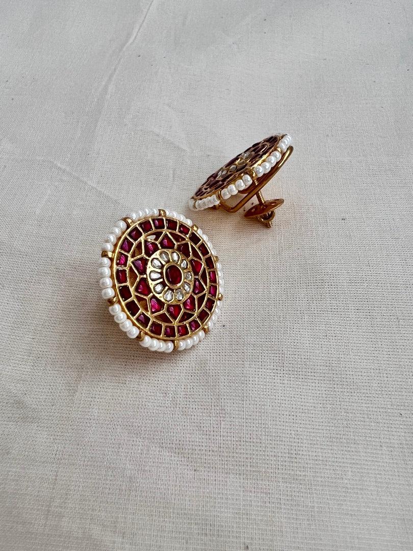 Gold polish kundan & ruby studs with pearls-Earrings-CI-House of Taamara