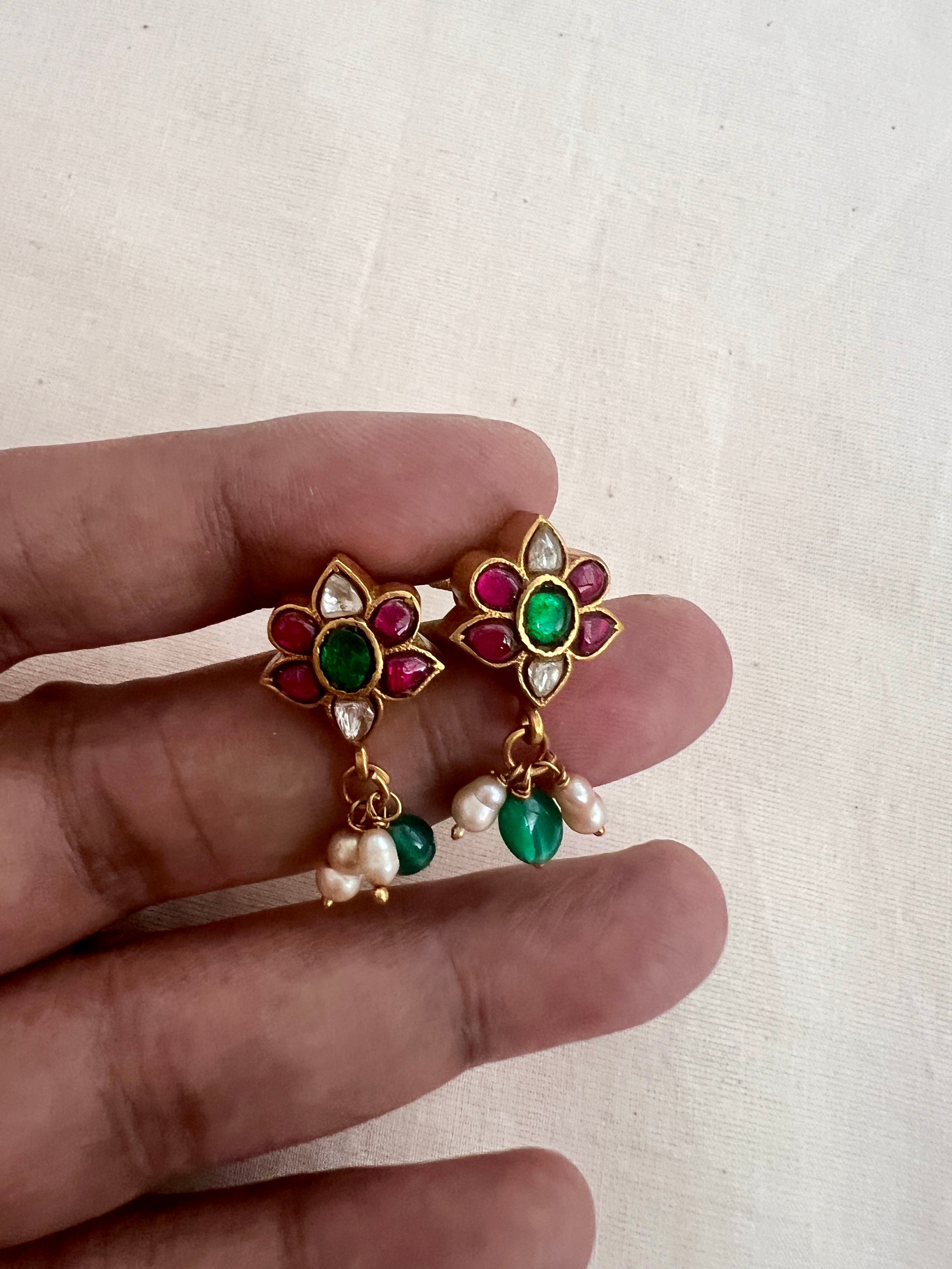 Gold polish kundan & ruby studs with pearls-Earrings-CI-House of Taamara