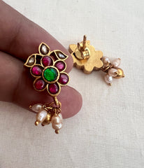 Gold polish kundan & ruby studs with pearls-Earrings-CI-House of Taamara