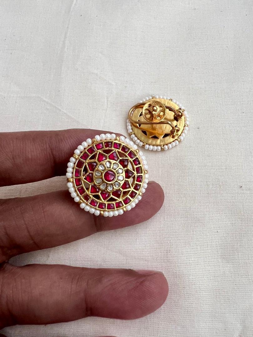 Gold polish kundan & ruby studs with pearls-Earrings-CI-House of Taamara