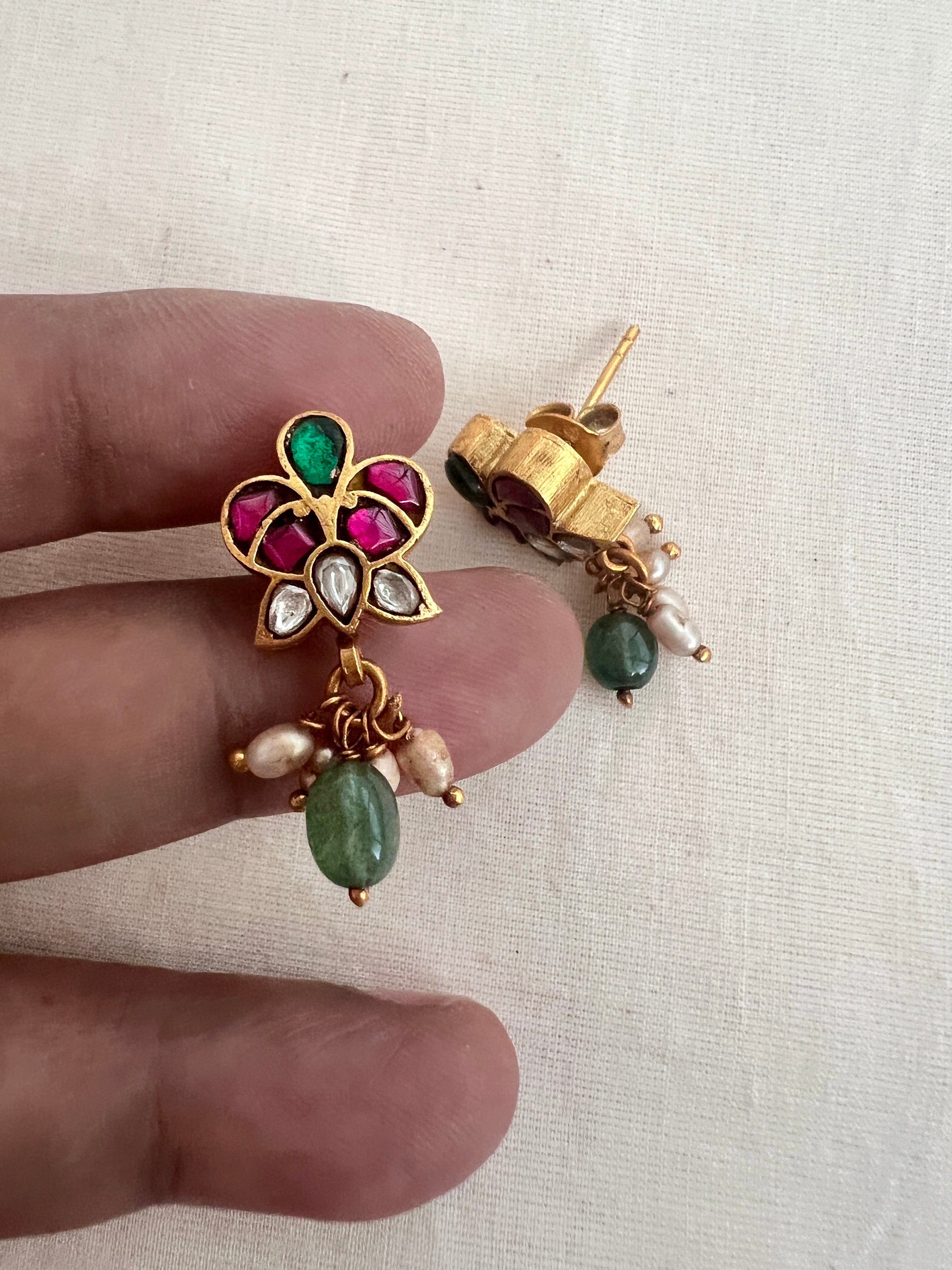 Gold polish kundan & ruby studs with pearls-Earrings-CI-House of Taamara