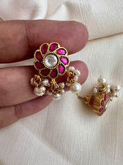 Gold polish kundan & ruby studs with pearls-Earrings-CI-House of Taamara