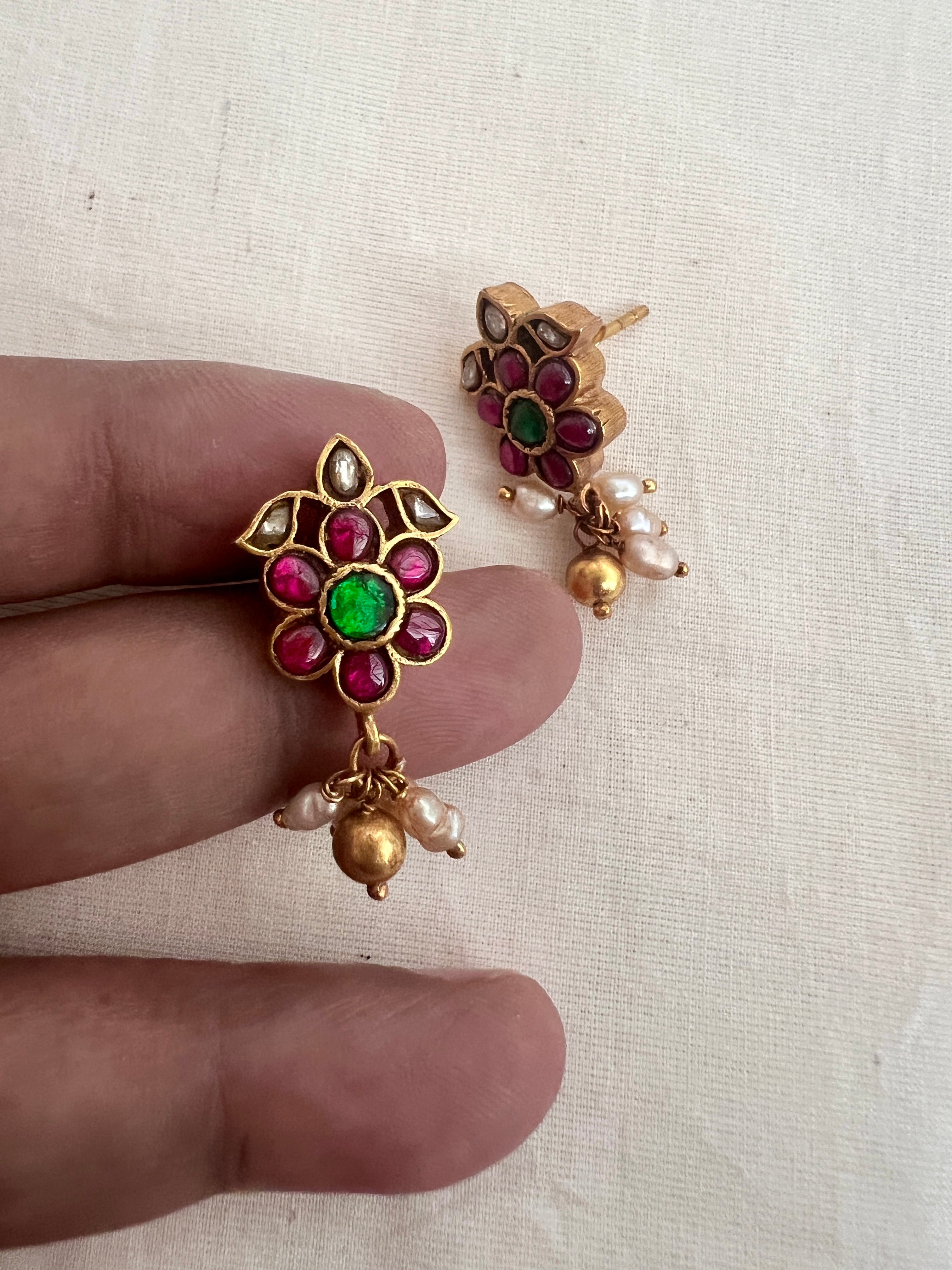 Gold polish kundan & ruby studs with pearls-Earrings-CI-House of Taamara