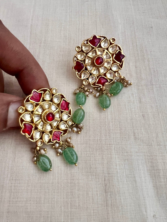 Gold polish kundan & ruby studs with pearls and jade beads-Earrings-CI-House of Taamara