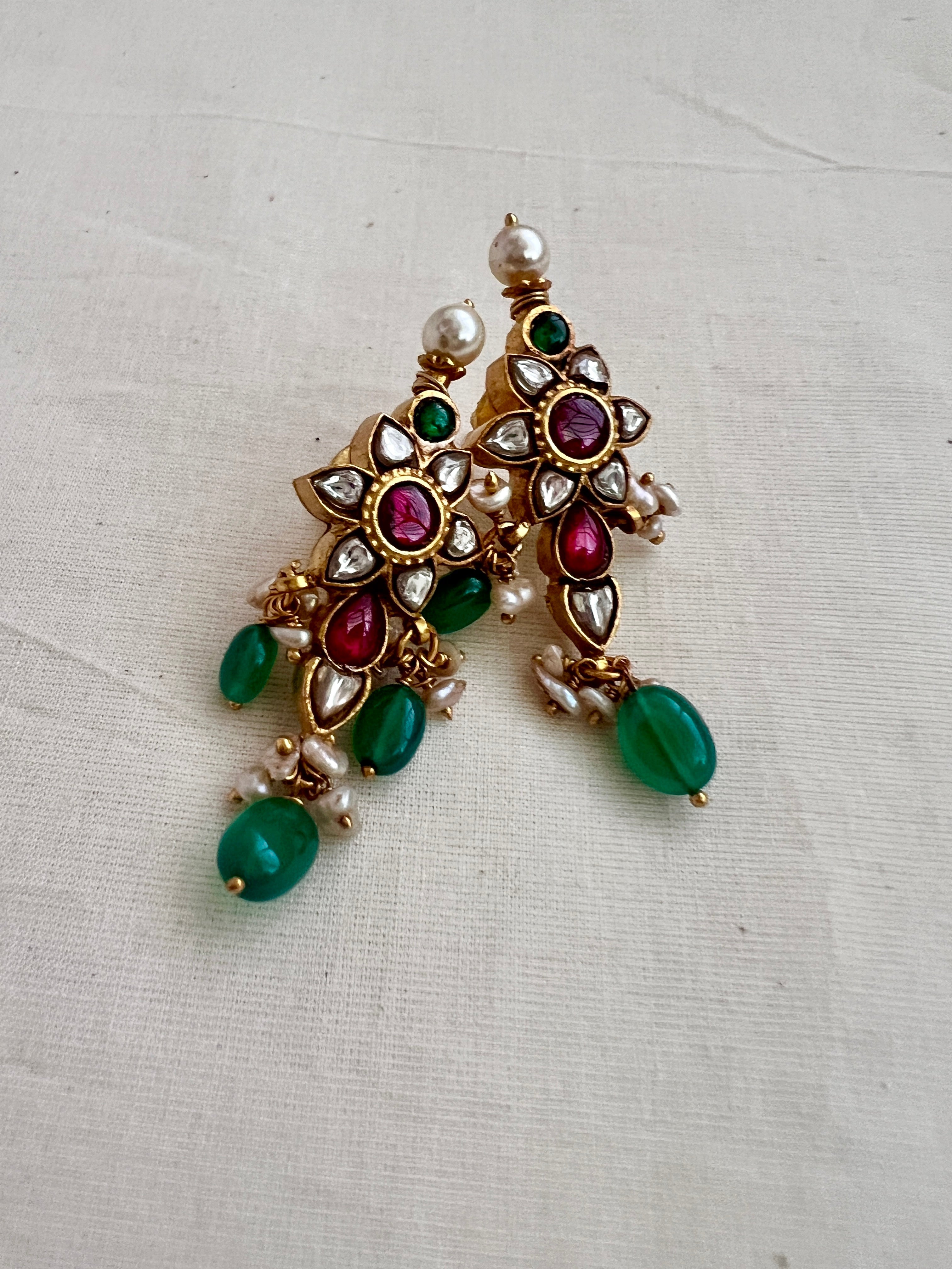 Gold polish kundan & ruby studs with pearls & green onyx beads-Earrings-CI-House of Taamara