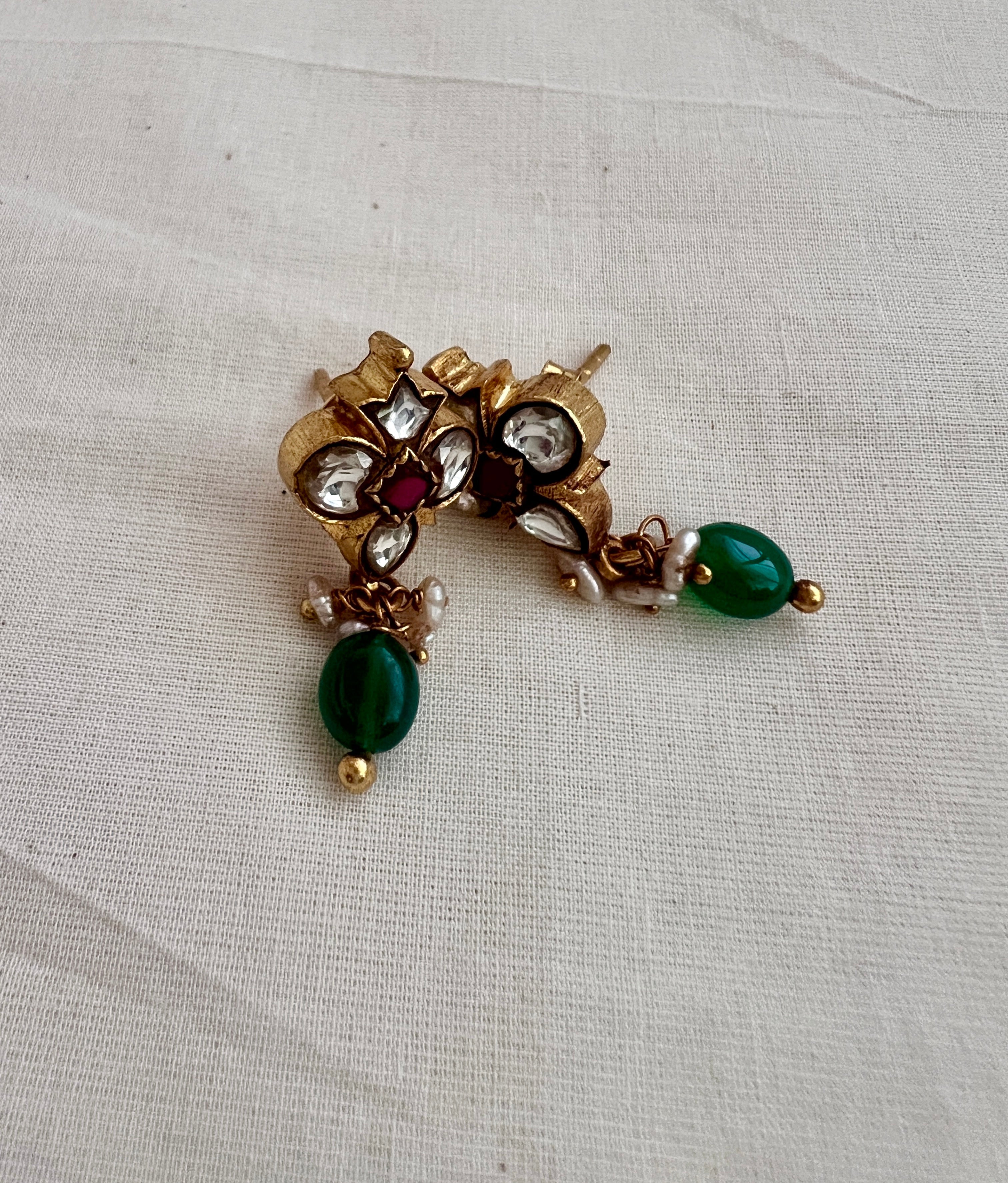 Gold polish kundan & ruby studs with pearls & green onyx beads-Earrings-CI-House of Taamara