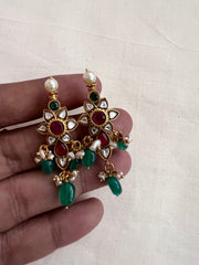 Gold polish kundan & ruby studs with pearls & green onyx beads-Earrings-CI-House of Taamara