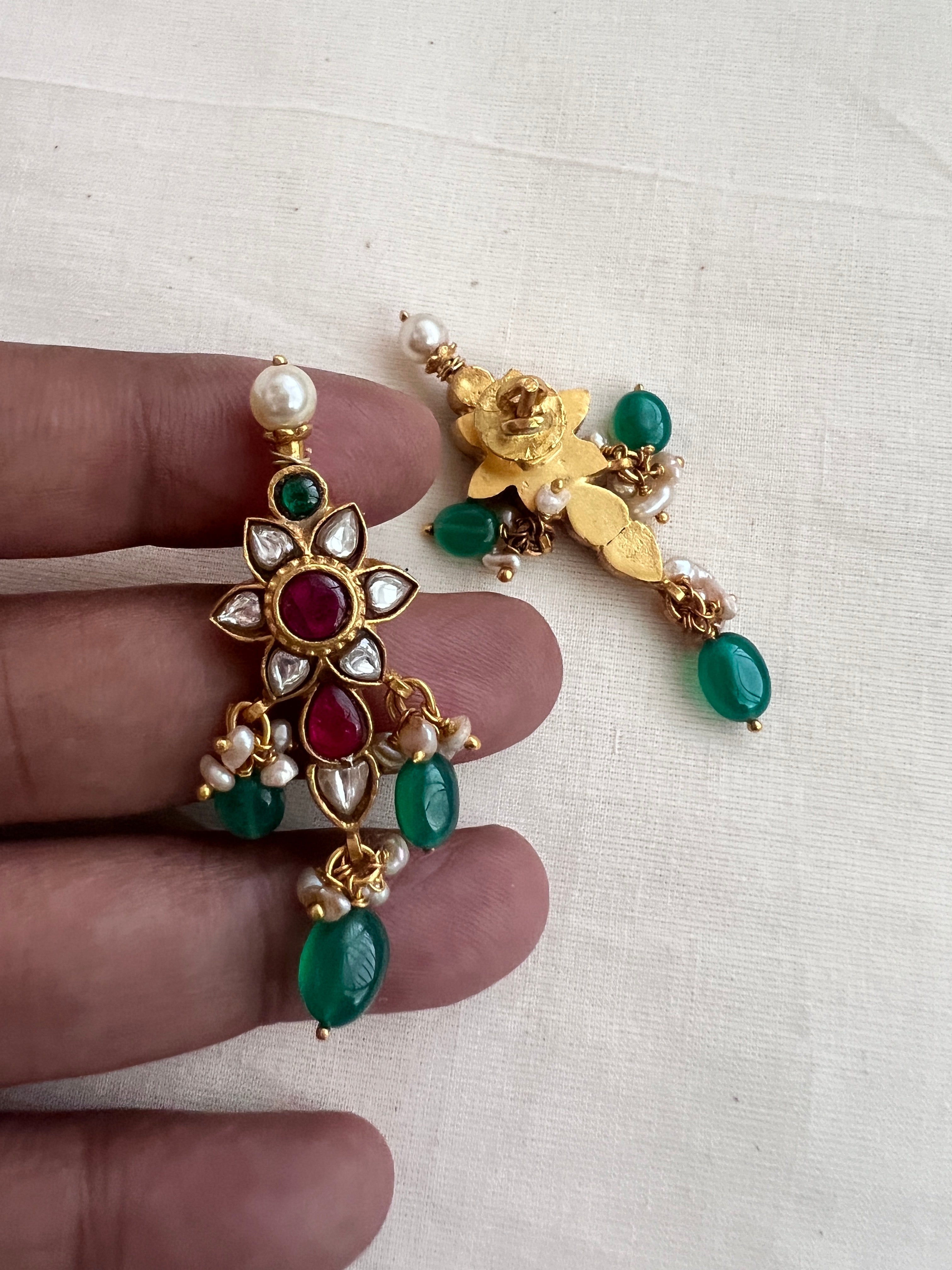 Gold polish kundan & ruby studs with pearls & green onyx beads-Earrings-CI-House of Taamara