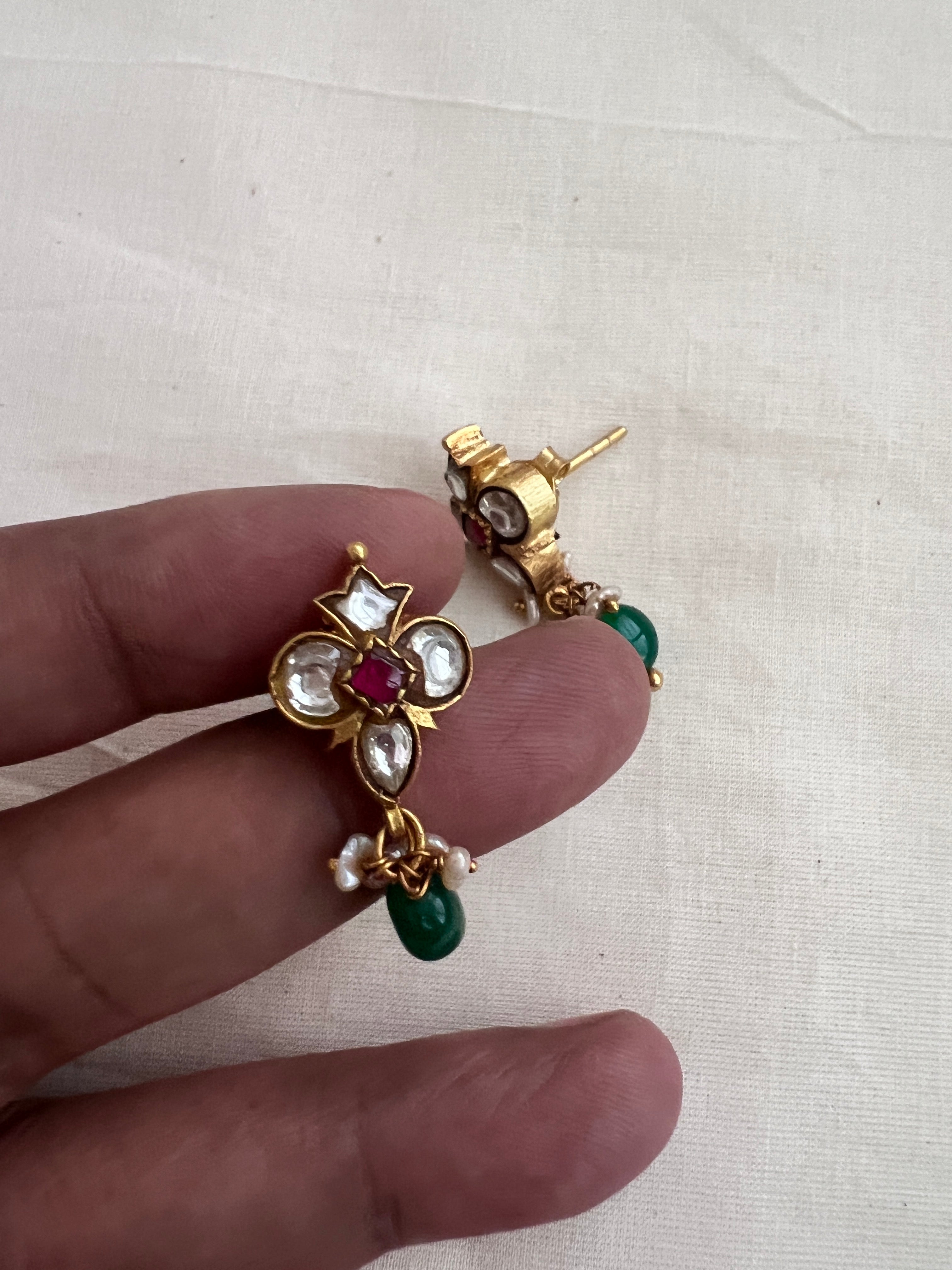 Gold polish kundan & ruby studs with pearls & green onyx beads-Earrings-CI-House of Taamara