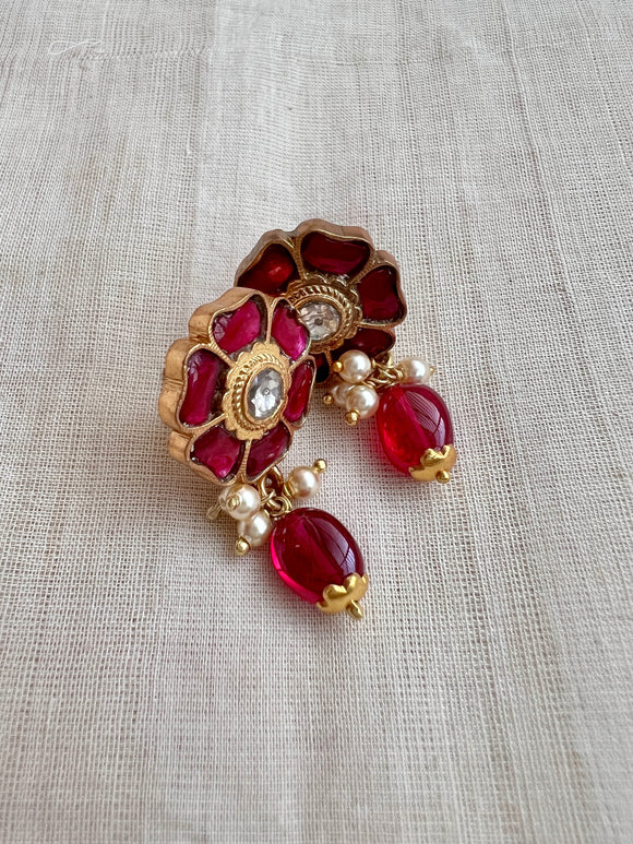 Gold polish kundan & ruby studs with pearls & ruby beads-Earrings-CI-House of Taamara