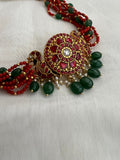 Gold polish kundan & ruby style choker with coral, jade & gold beads-Silver Neckpiece-CI-House of Taamara