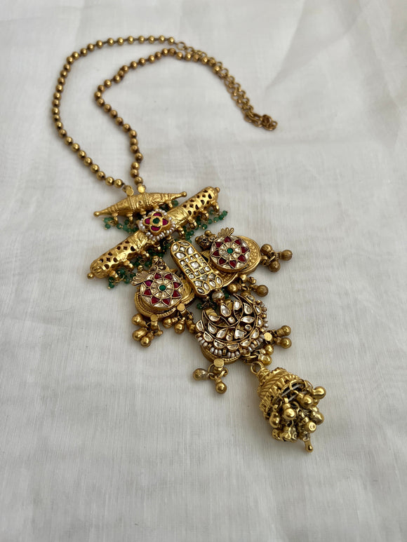 Gold polish kundan & ruby style long solid pendant, chain with pearls and jade bead drops-Silver Neckpiece-CI-House of Taamara