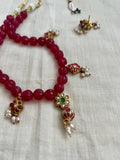 Gold polish kundan & ruby style motifs with pumpkin ruby beads chain, set-Silver Neckpiece-CI-House of Taamara