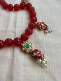 Gold polish kundan & ruby style motifs with pumpkin ruby beads chain, set-Silver Neckpiece-CI-House of Taamara