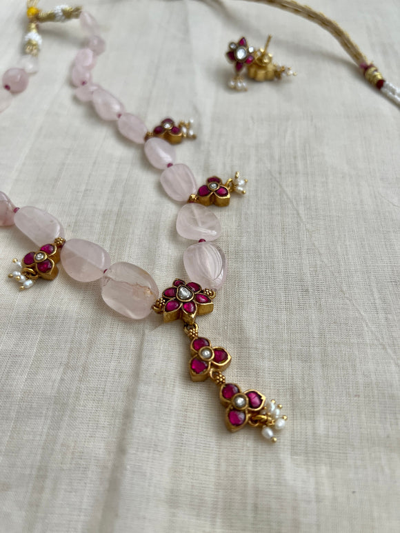 Gold polish kundan & ruby style pendant, chain stringed in rose quartz beads SET-Silver Neckpiece-CI-House of Taamara