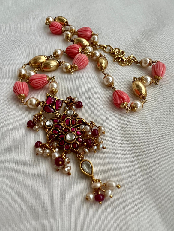 Gold polish kundan & ruby style pendant with pearls, peach flower & gold beads chain-Silver Neckpiece-CI-House of Taamara