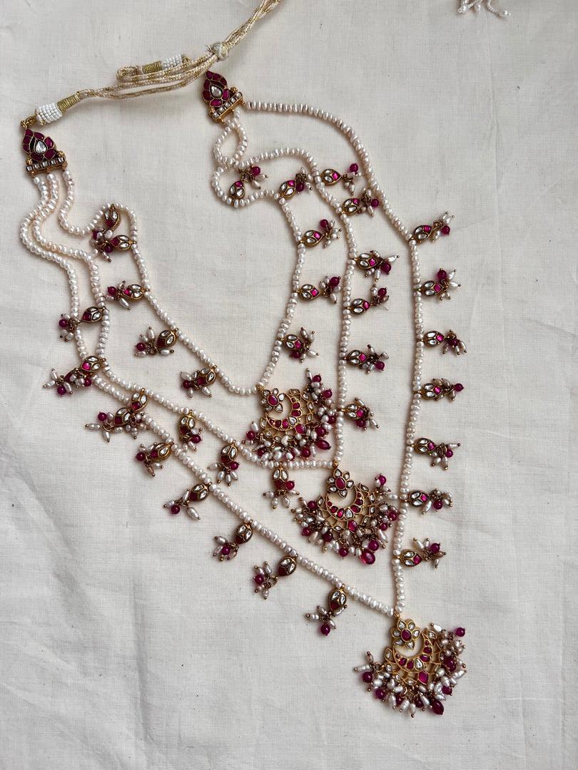 Gold polish kundan & ruby three layered haram with pearls & ruby beads-Silver Neckpiece-CI-House of Taamara
