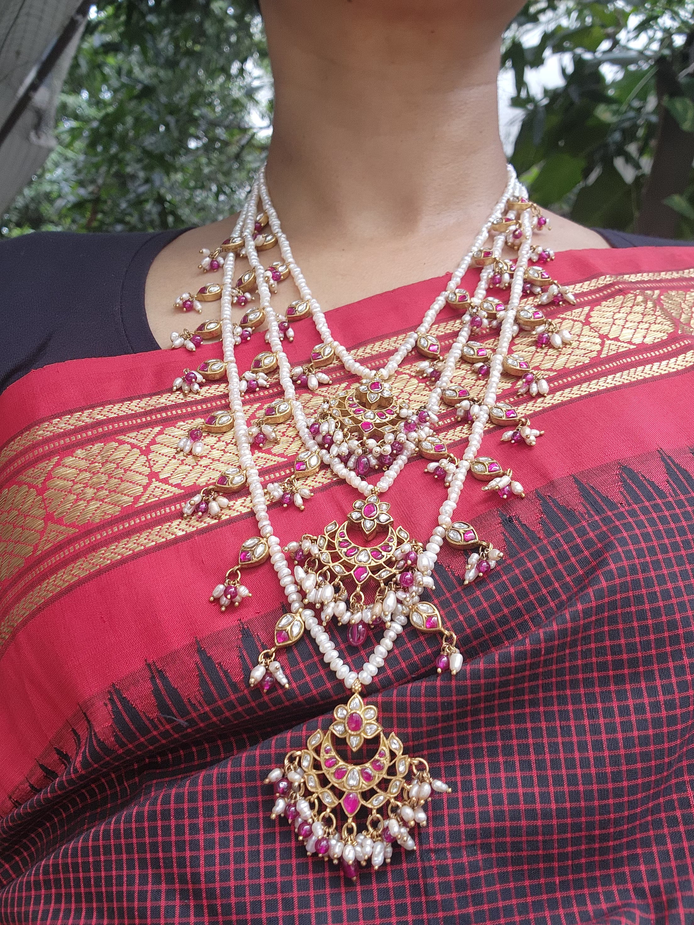 Gold polish kundan & ruby three layered haram with pearls & ruby beads-Silver Neckpiece-CI-House of Taamara