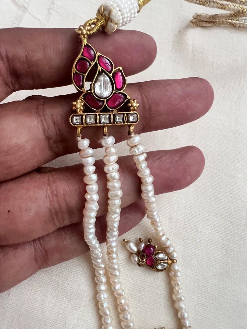 Gold polish kundan & ruby three layered haram with pearls & ruby beads-Silver Neckpiece-CI-House of Taamara