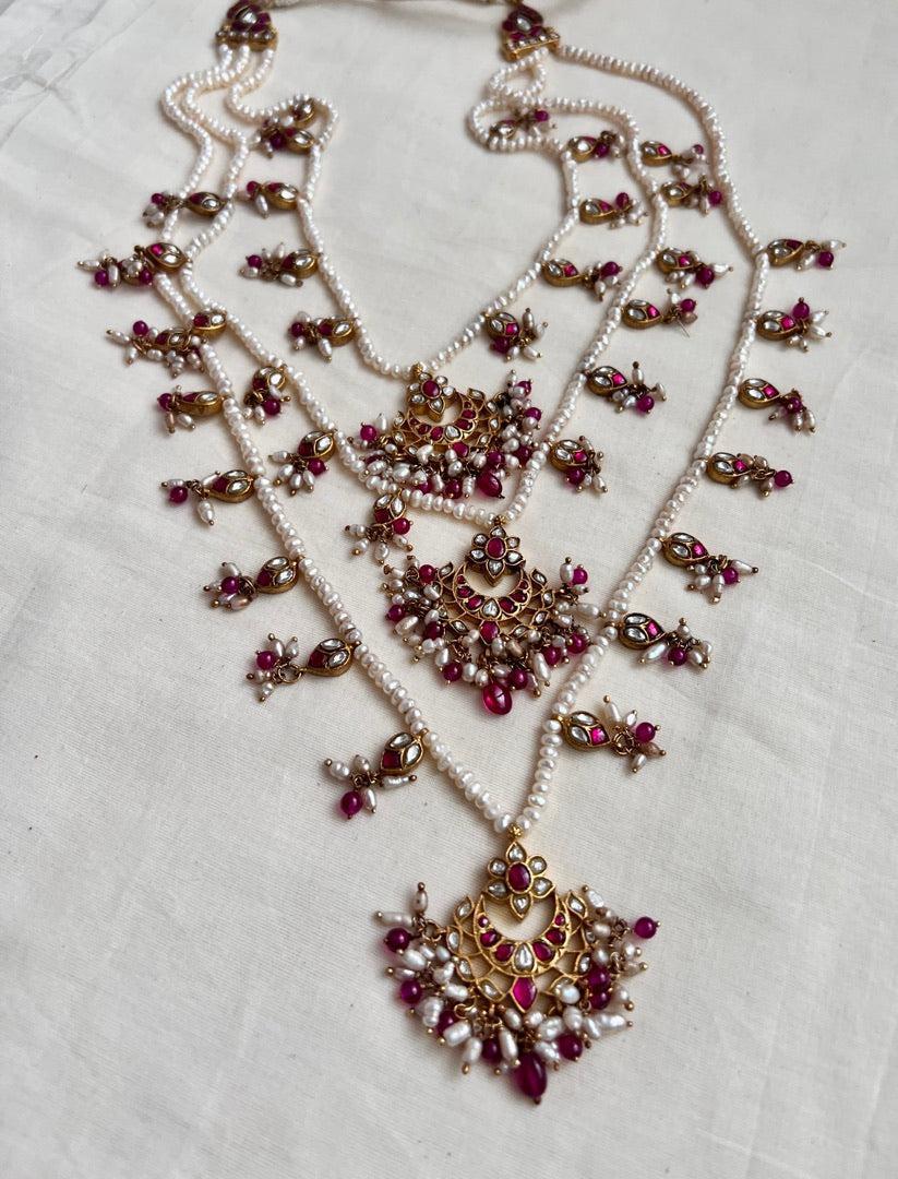 Gold polish kundan & ruby three layered haram with pearls & ruby beads-Silver Neckpiece-CI-House of Taamara