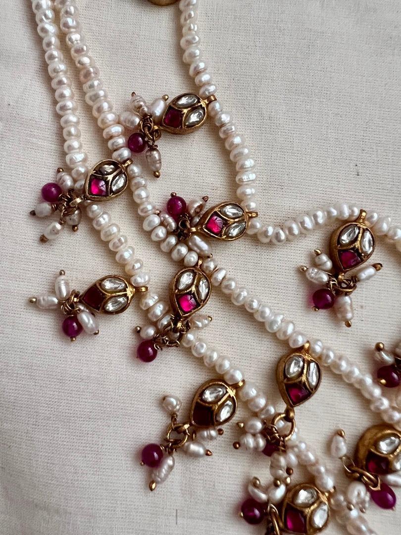 Gold polish kundan & ruby three layered haram with pearls & ruby beads-Silver Neckpiece-CI-House of Taamara