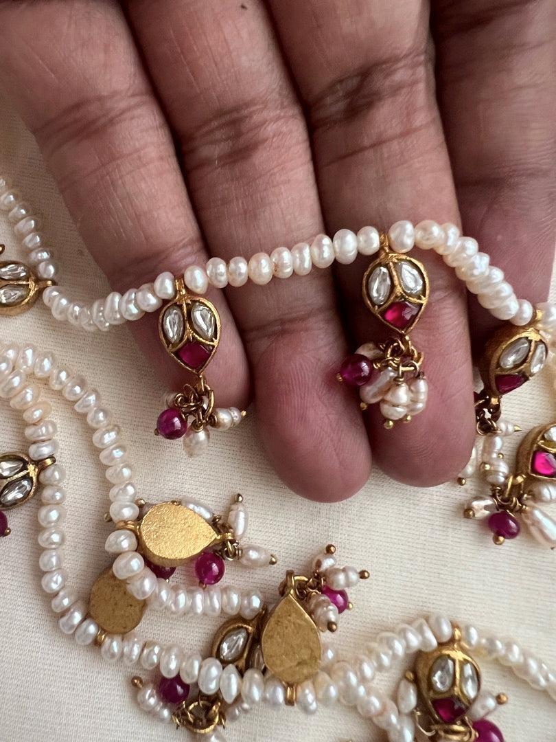 Gold polish kundan & ruby three layered haram with pearls & ruby beads-Silver Neckpiece-CI-House of Taamara