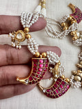 Gold polish kundan & ruby tiger claw shape motif with pearls bunch chain-Silver Neckpiece-CI-House of Taamara