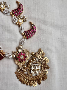 Gold polish kundan & ruby tiger claw shape motif with pearls bunch chain-Silver Neckpiece-CI-House of Taamara