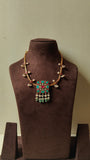 Gold polish kundan, ruby & turquoise pendant necklace with pearls and jade beads-Silver Neckpiece-CI-House of Taamara