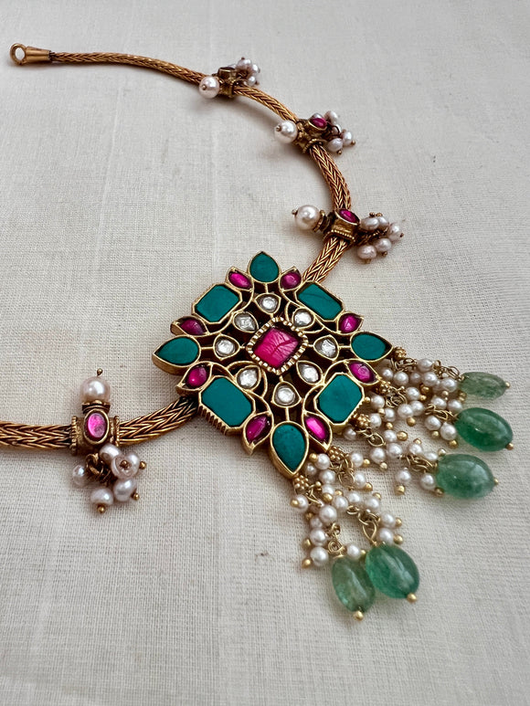 Gold polish kundan, ruby & turquoise pendant necklace with pearls and jade beads-Silver Neckpiece-CI-House of Taamara