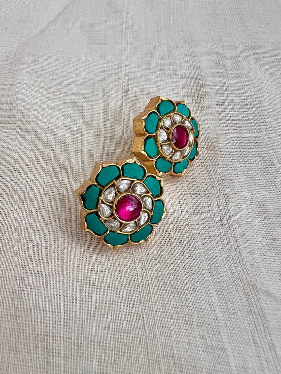 Gold polish kundan, ruby & turquoise studs-Earrings-CI-House of Taamara