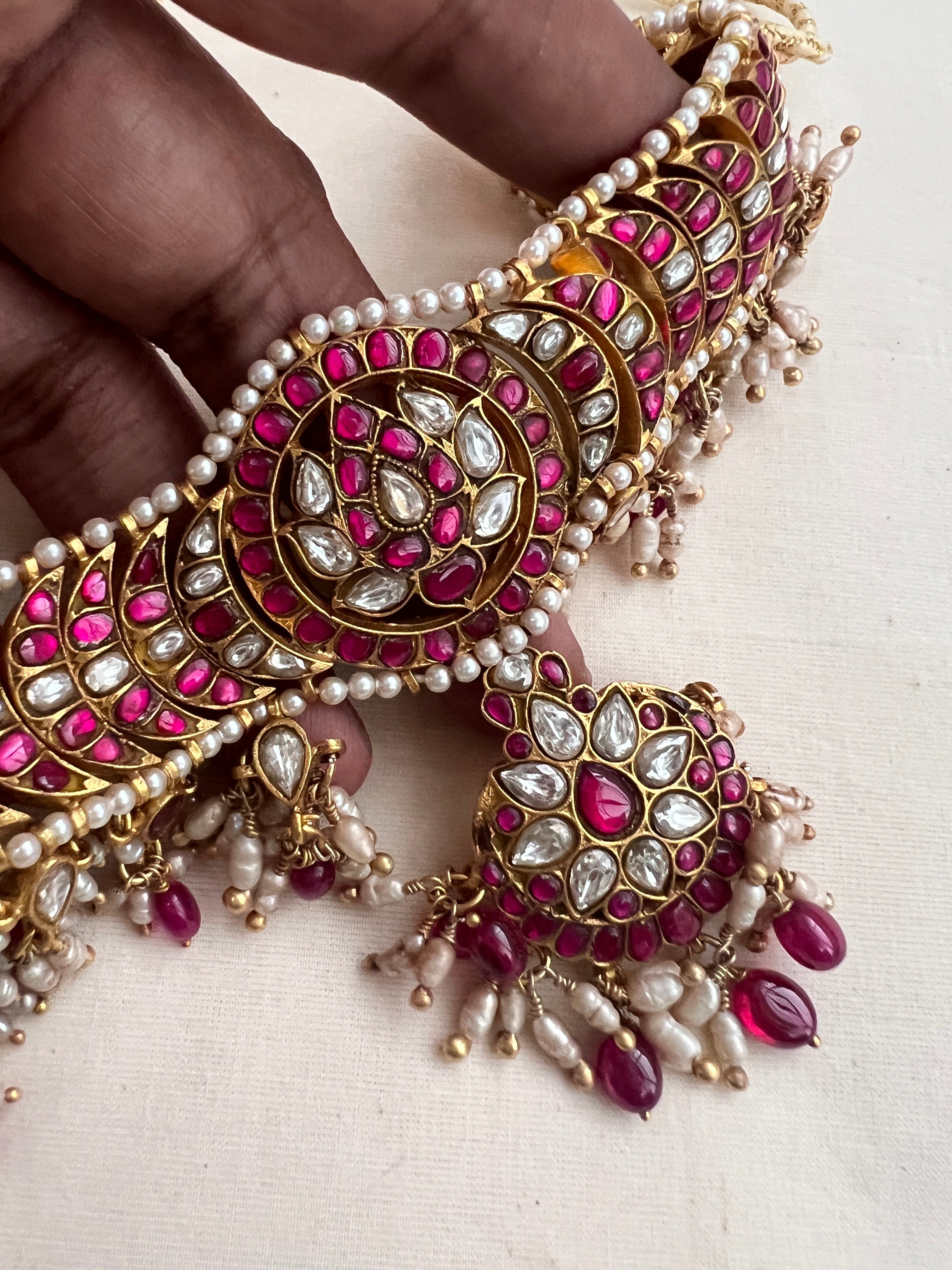 Gold polish kundan & ruby vinatge style choker with pearls & ruby beads-Silver Neckpiece-CI-House of Taamara