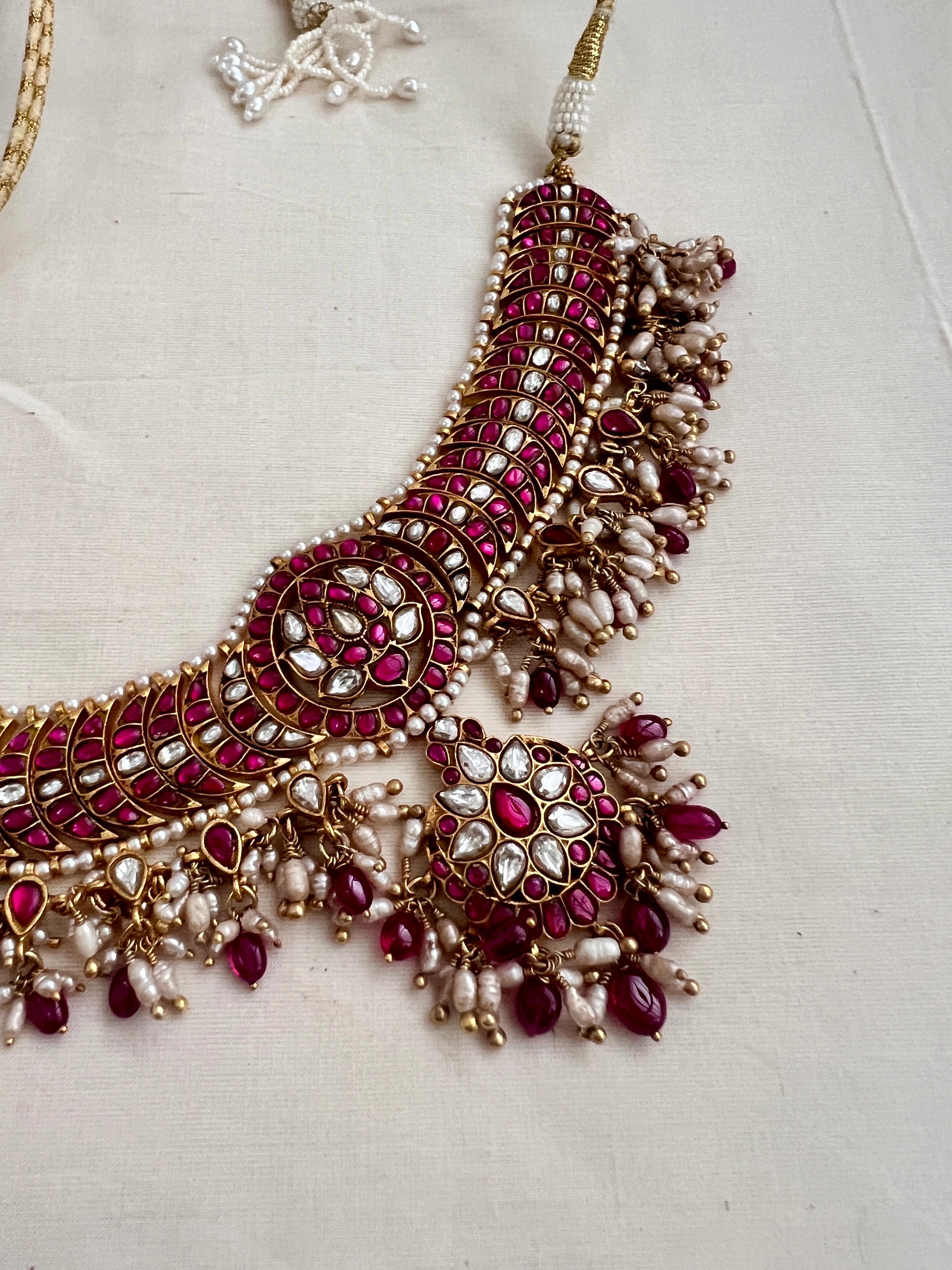 Gold polish kundan & ruby vinatge style choker with pearls & ruby beads-Silver Neckpiece-CI-House of Taamara