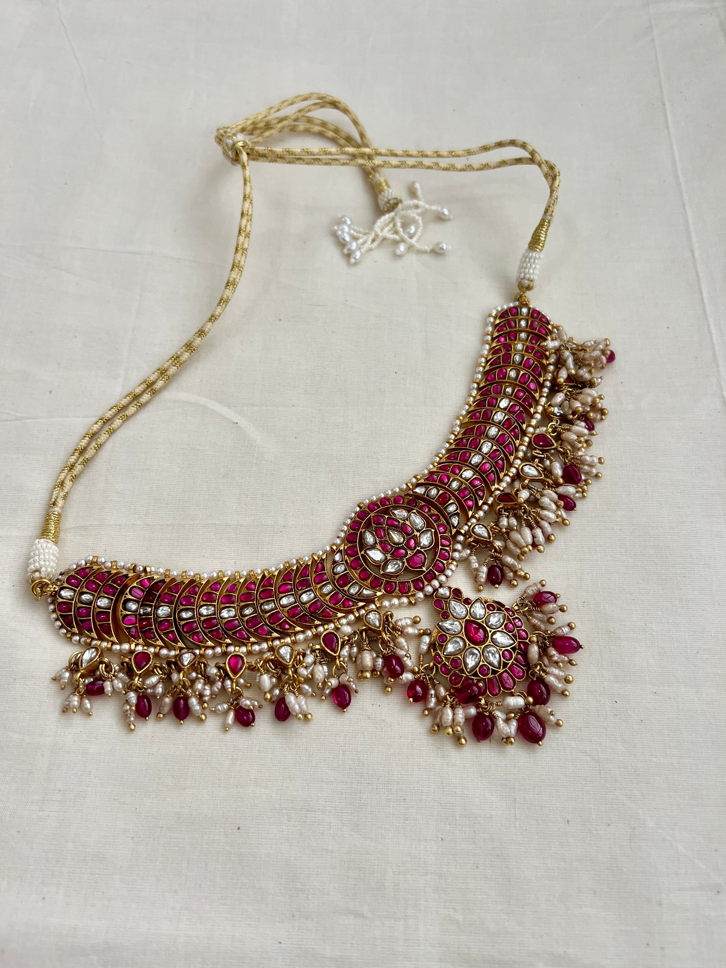 Gold polish kundan & ruby vinatge style choker with pearls & ruby beads-Silver Neckpiece-CI-House of Taamara