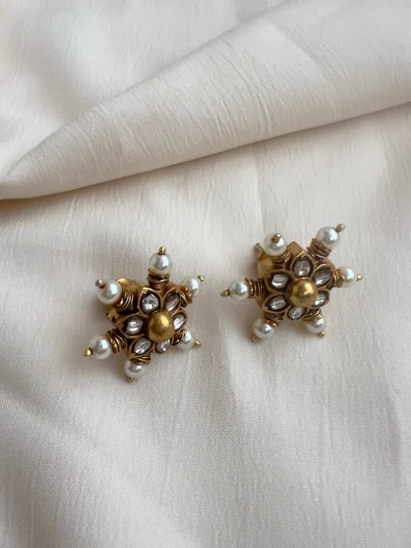 Gold polish kundan studs with pearls-Earrings-CI-House of Taamara