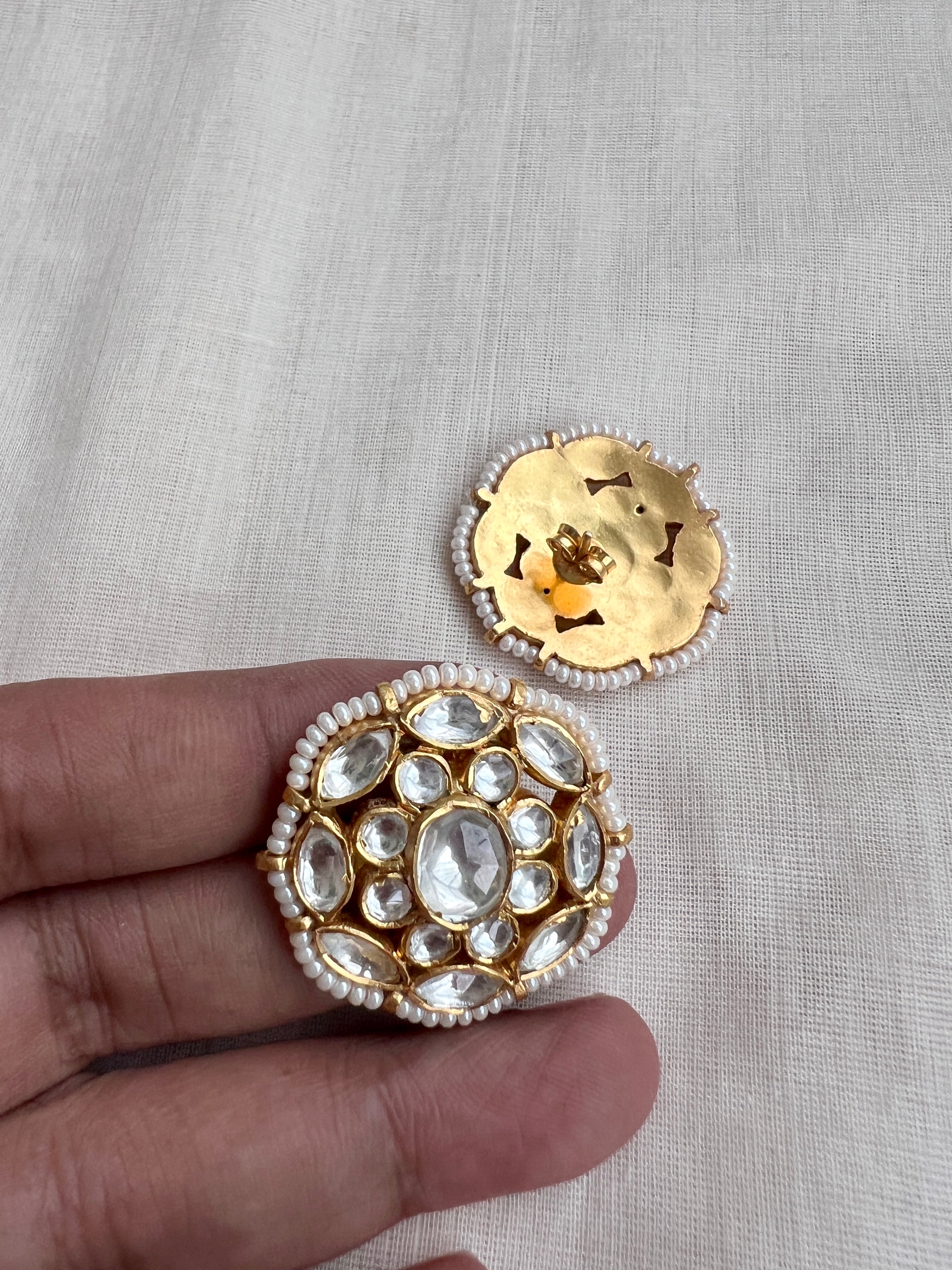 Gold polish kundan studs with pearls-Earrings-CI-House of Taamara