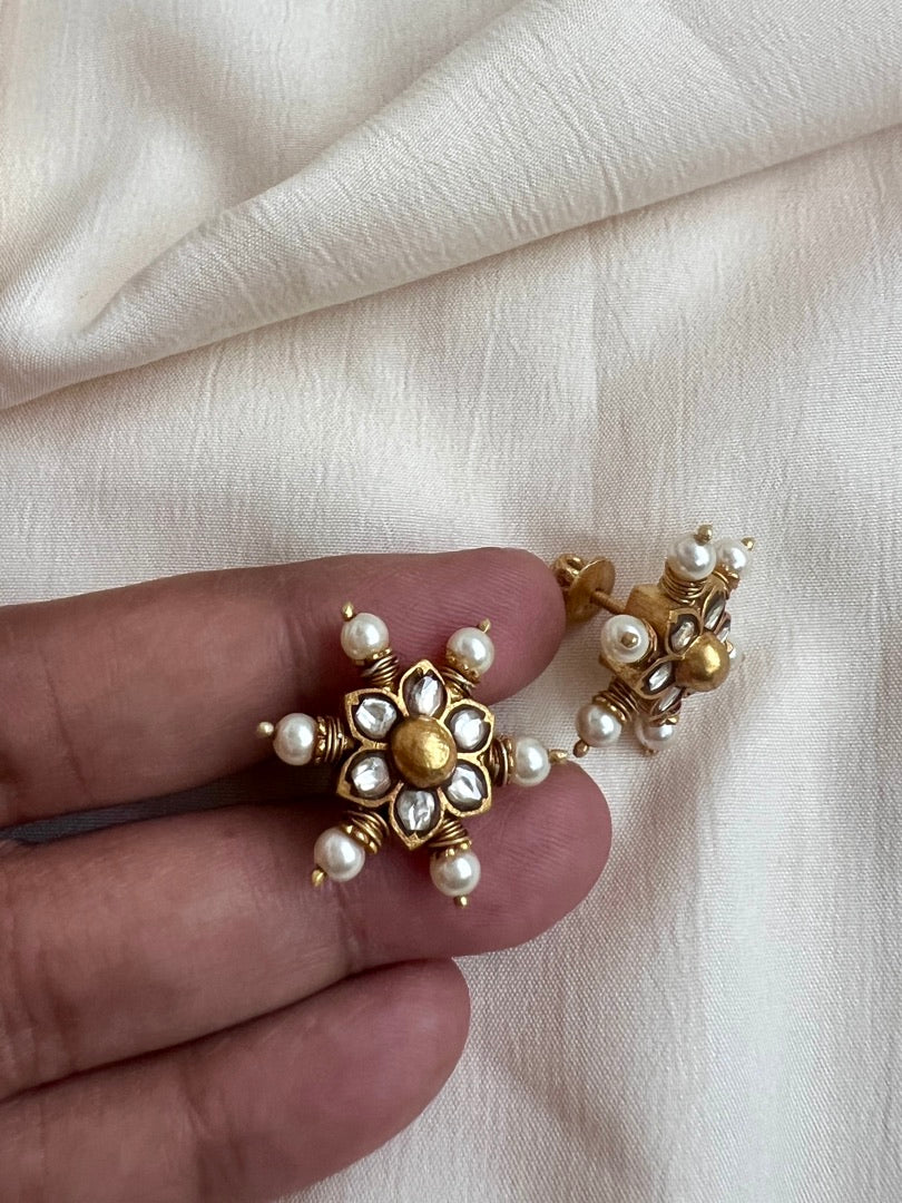 Gold polish kundan studs with pearls-Earrings-CI-House of Taamara
