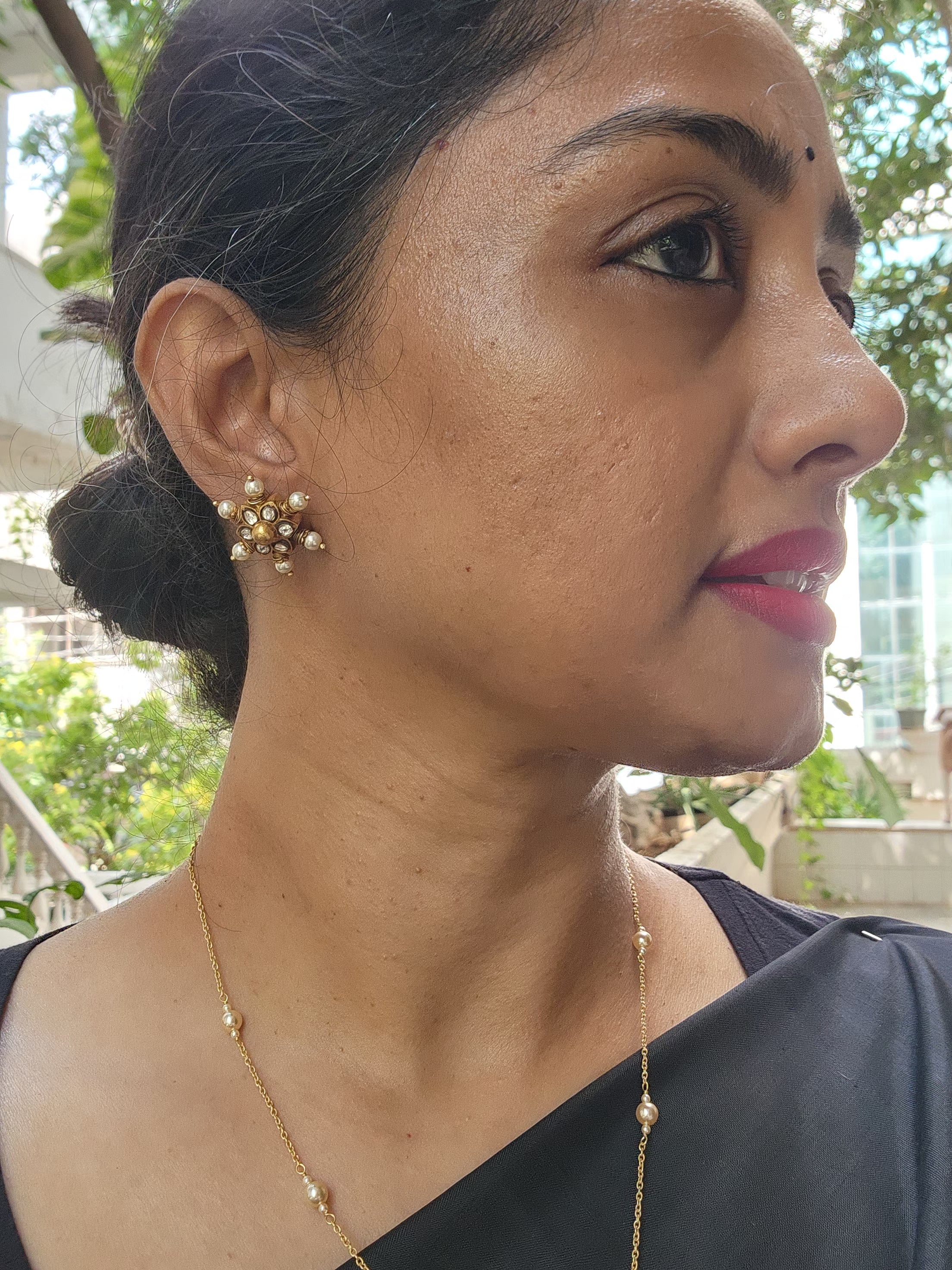 Gold polish kundan studs with pearls-Earrings-CI-House of Taamara