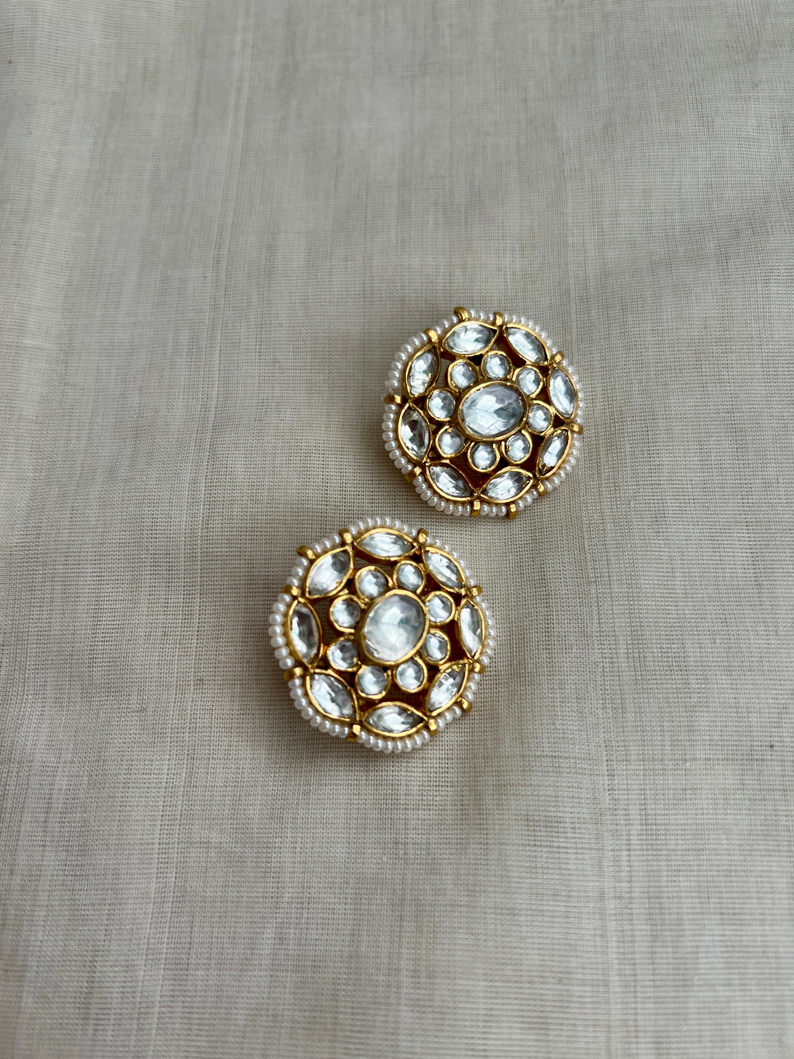 Gold polish kundan studs with pearls-Earrings-CI-House of Taamara