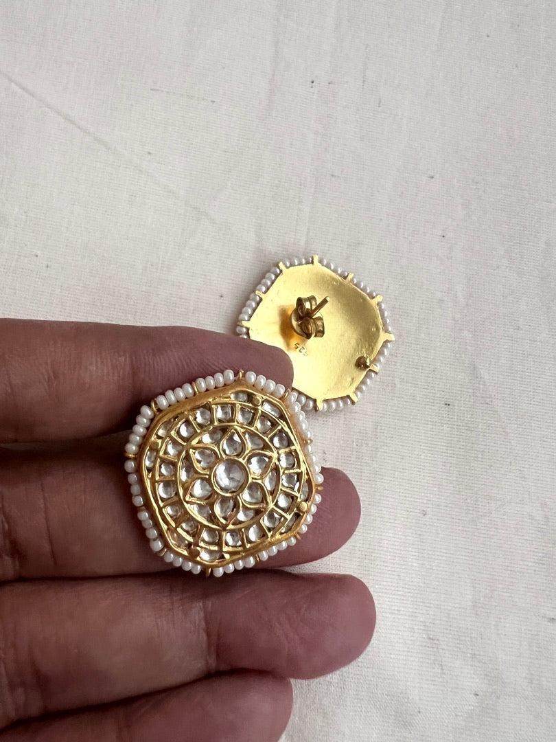 Gold polish kundan studs with pearls-Earrings-CI-House of Taamara